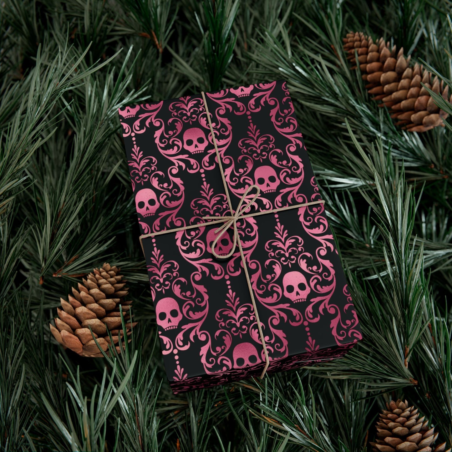 Pink Damask Skulls, Victorian Goth, Dark Academia, Goth Christmas & Creepmas Glam Black Eco-Friendly Gift Wrap Paper