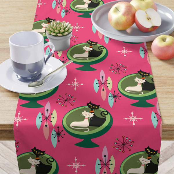 Retro Atomic Cat Couple in Ball Chair MCM Pink & Green Table Runner