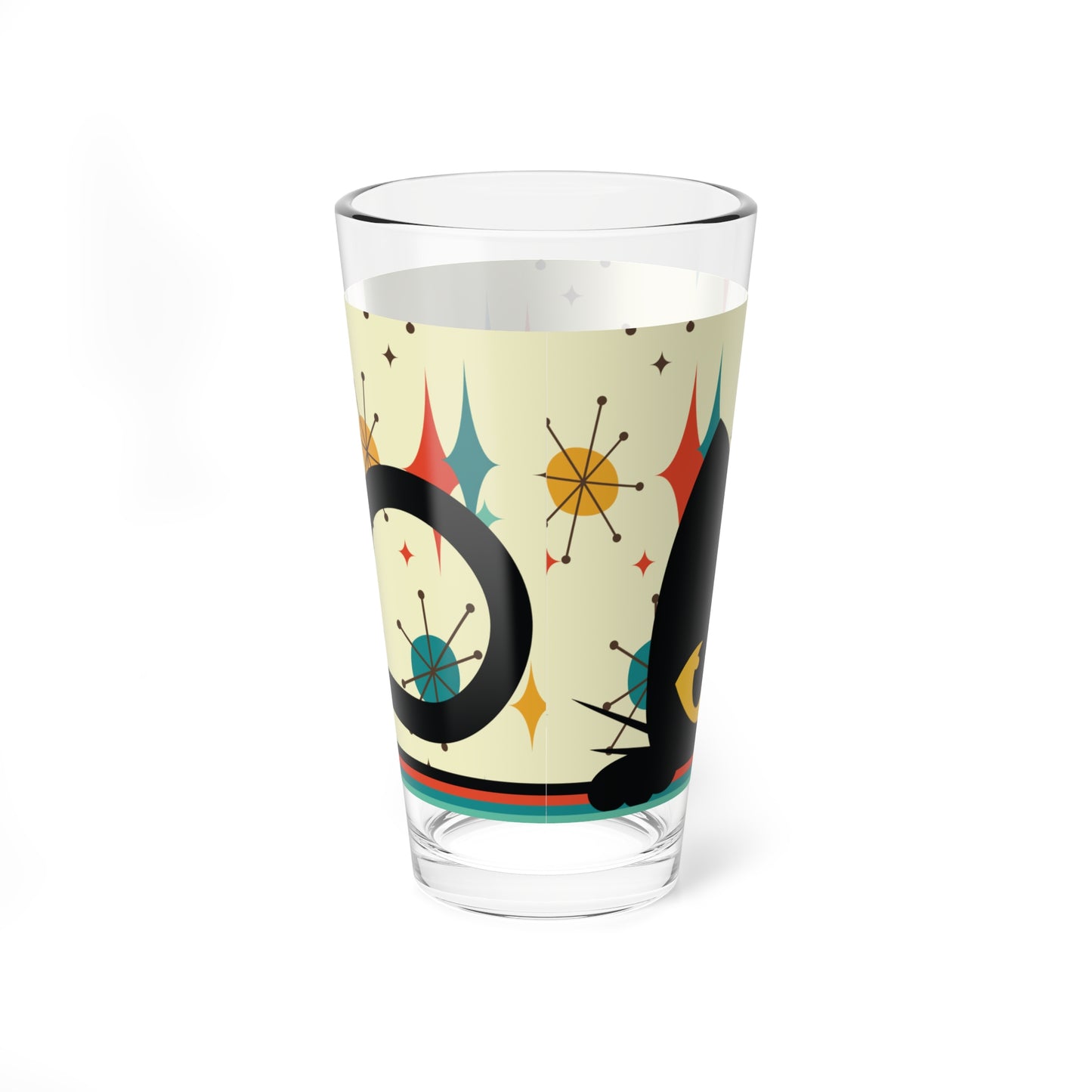 Retro 50s Atomic Black Cat, Diamonds and Bursts Mid Century Mod Multicolor Pint Glass