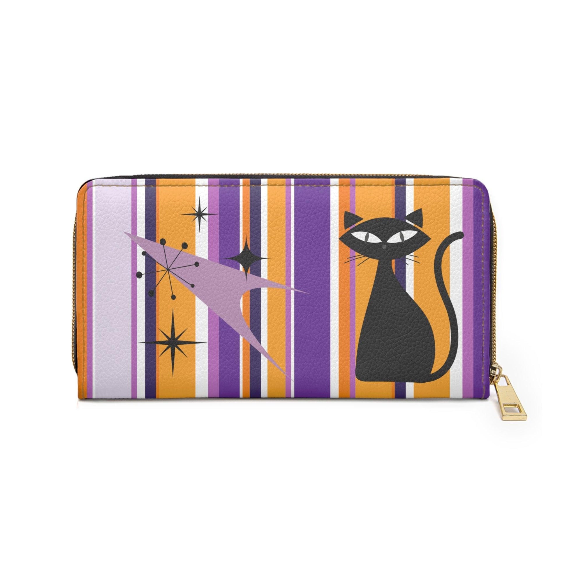 Retro 50s Atomic Cat, Boomerang & Starbursts MCM Purple, Orange, Black Zipper Wallet | lovevisionkarma.com