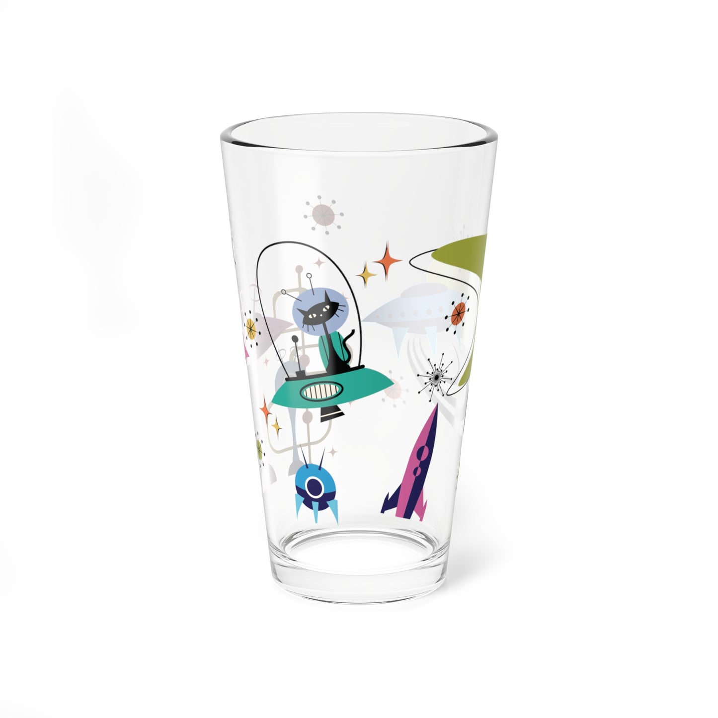 Retro 50s Space Age Atomic Black Cat, Boomerang & Spaceship MCM Multicolor Pint Glass