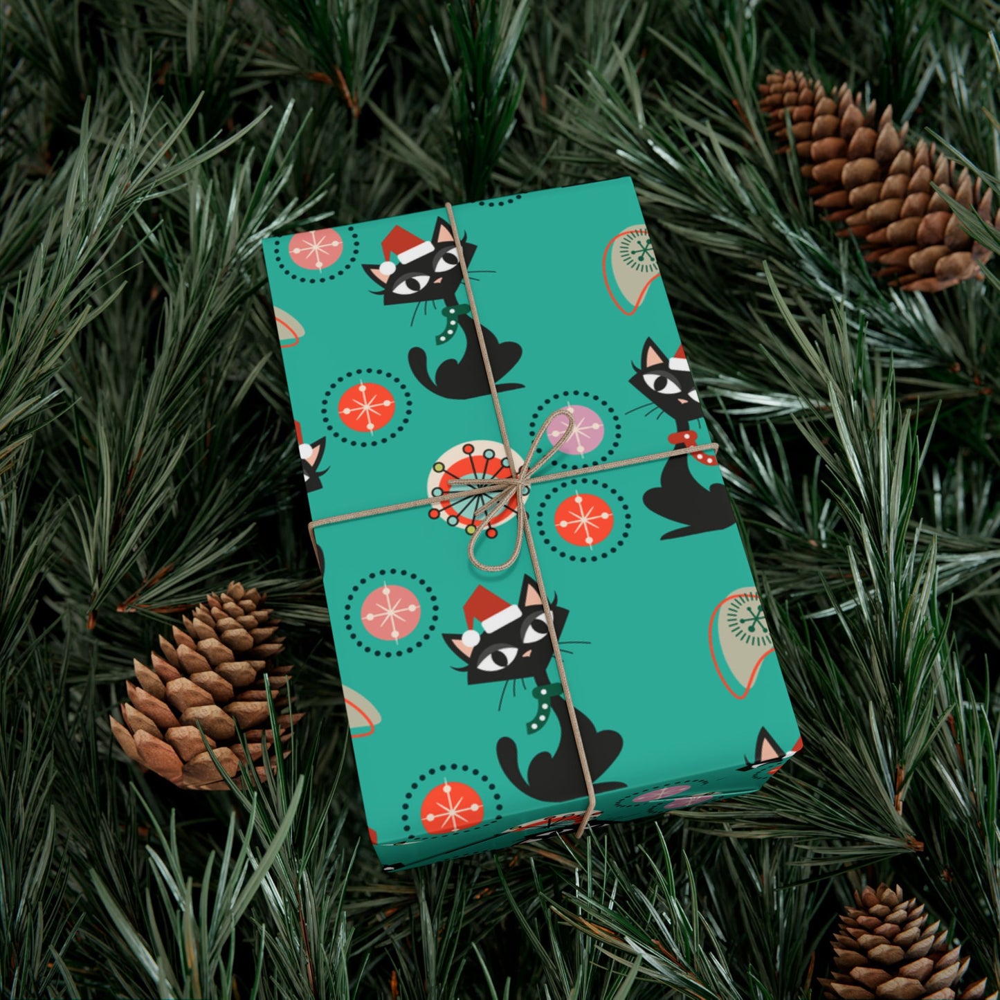 Retro 50's Atomic Cat Christmas Kitschy Mid Century Modern Teal Blue Eco-Friendly Wrapping Paper