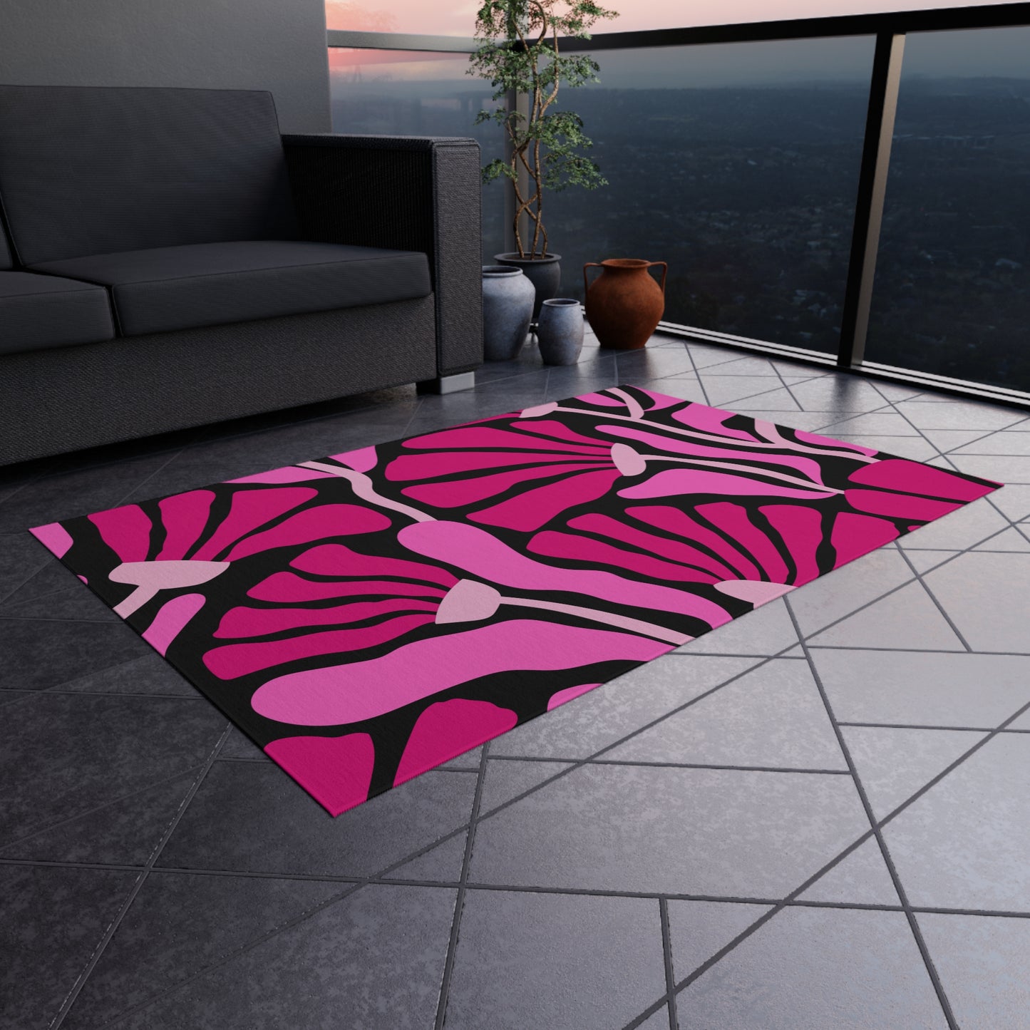 Groovy Abstract Pink Minimalist Retro Mod Flowers Indoor/Outdoor Accent Rug