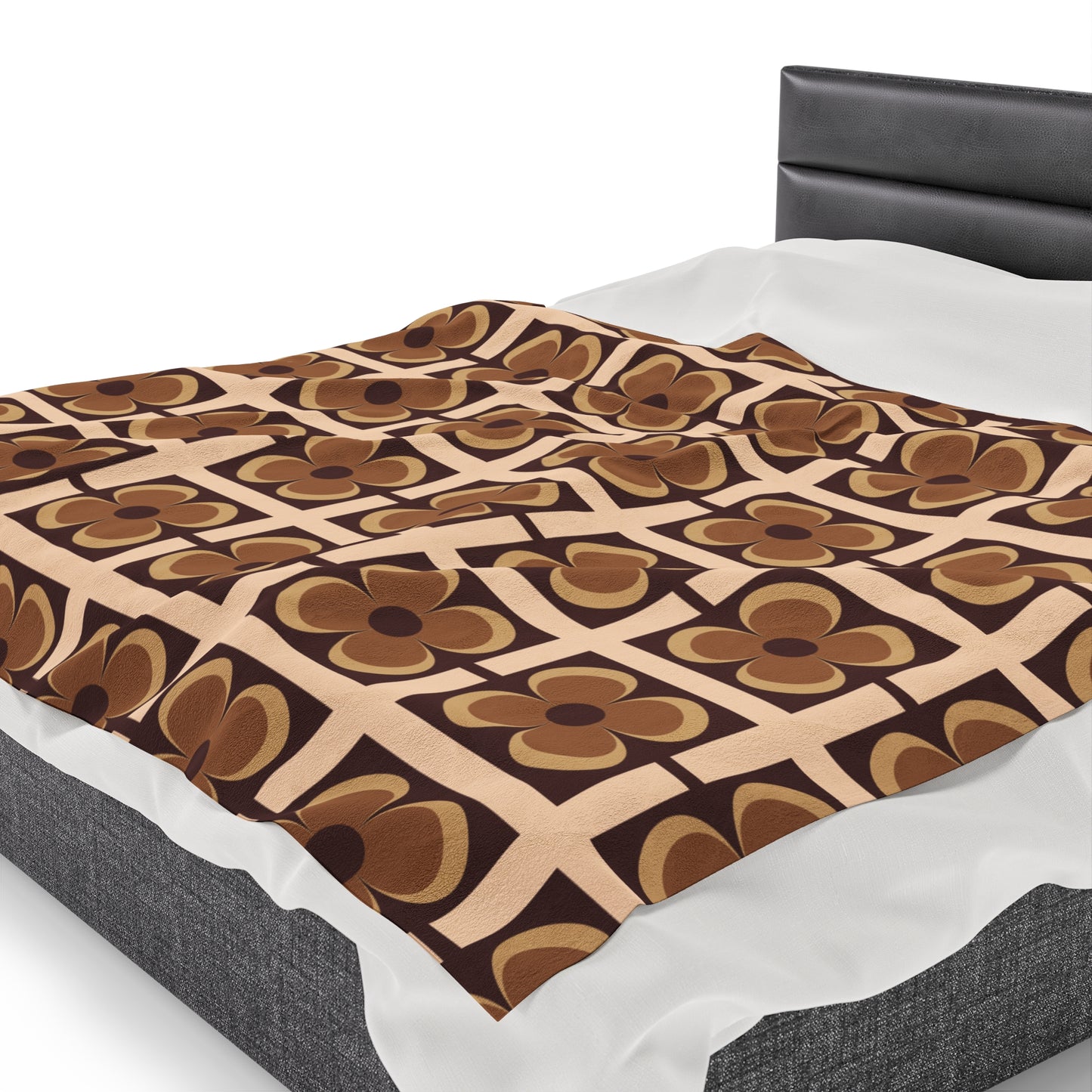 Retro 60s 70s Flowers Geometric Mid Century Modern Brown Velveteen Lightweight Blanket