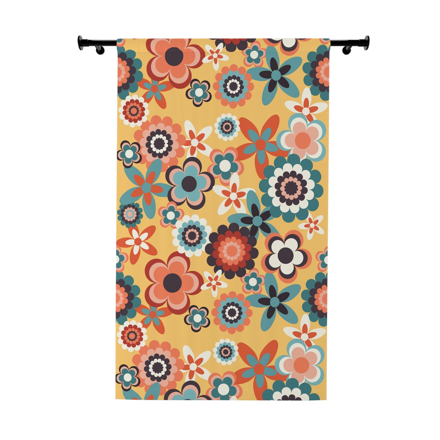 Retro 60s 70s Groovy Flowers Boho Mid Century Mod Yellow, Coral & Blue Blackout Window Curtain