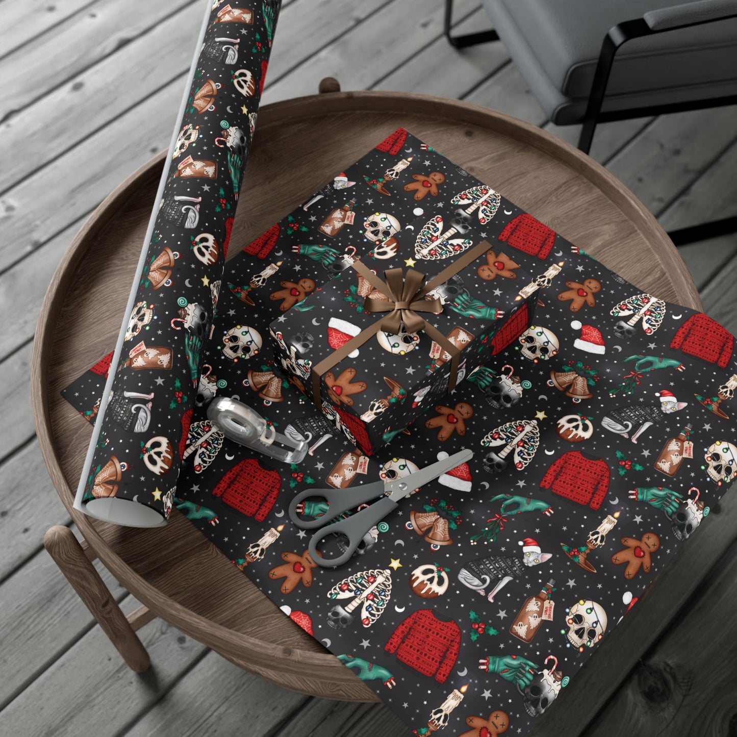 Kitschy Kawaii Goth Christmas, Creepy Cute Whimsigoth Creepmas Black Eco-Friendly Gift Wrap Paper