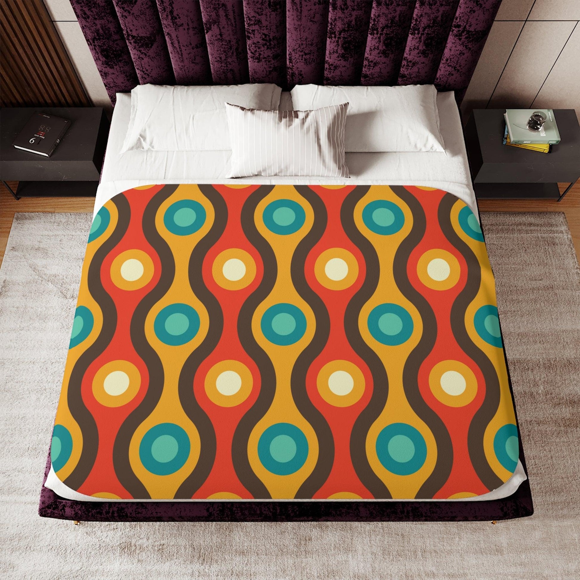 Retro 60s 70s Mid Century Mod Waves & Circles, Orange & Brown Sherpa Blanket | lovevisionkarma.com