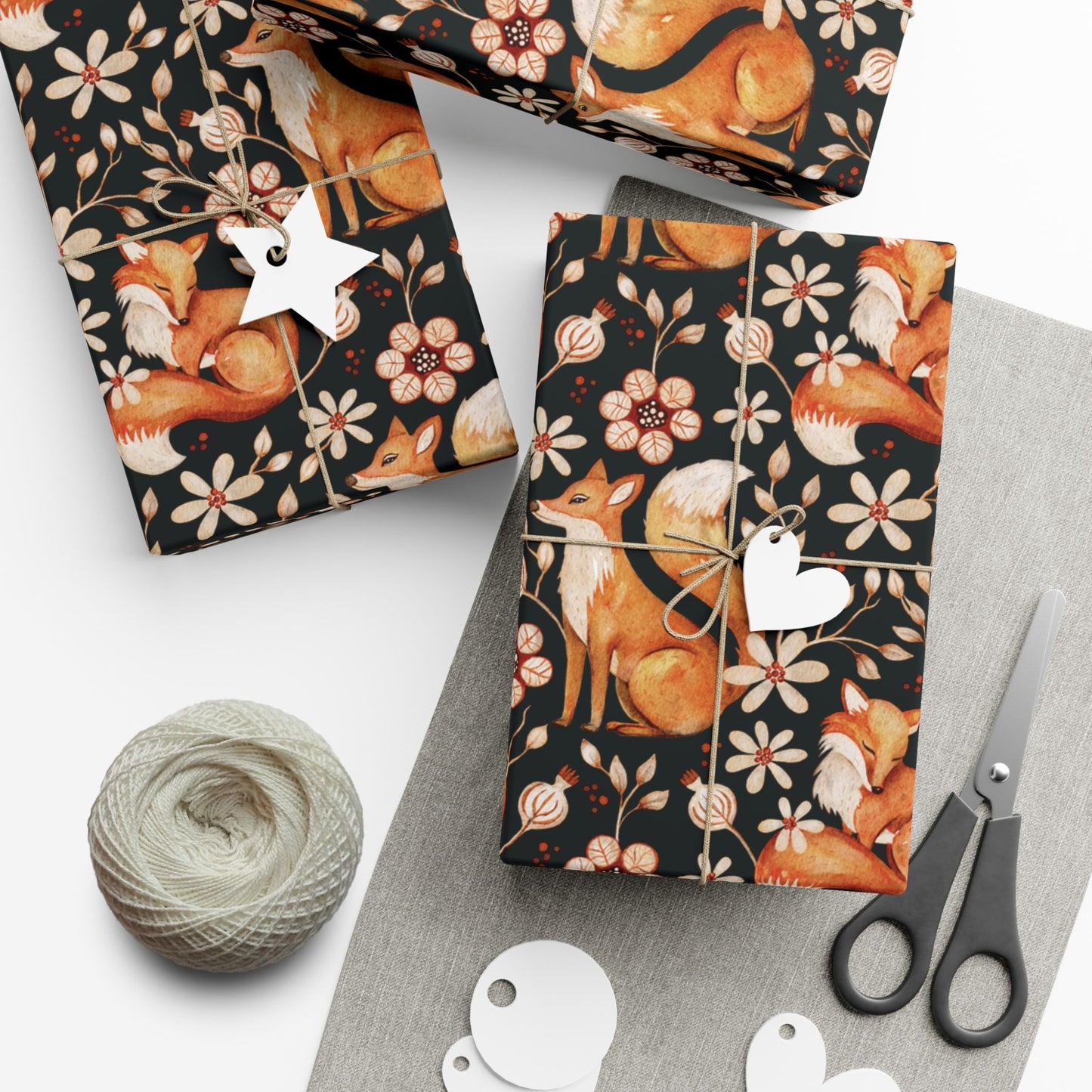 Enchanted Woodland Fox, Floral Dark Cottagecore Watercolor Style, Black Eco-Friendly Gift Wrap