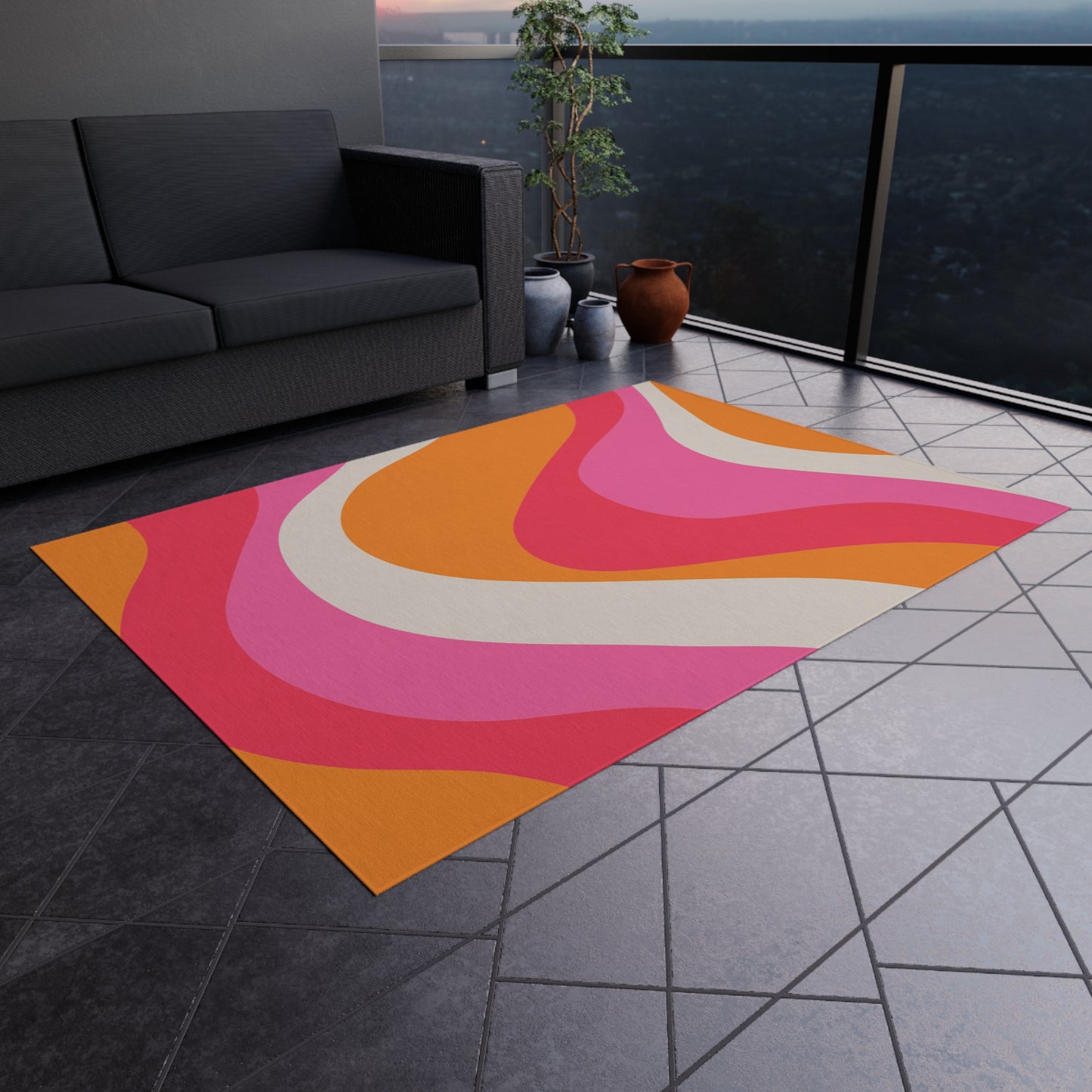 Groovy 60's Retro Mid Century Mod Swirl Pink, Orange & Cream Indoor/Outdoor Anti-Slip Accent Rug