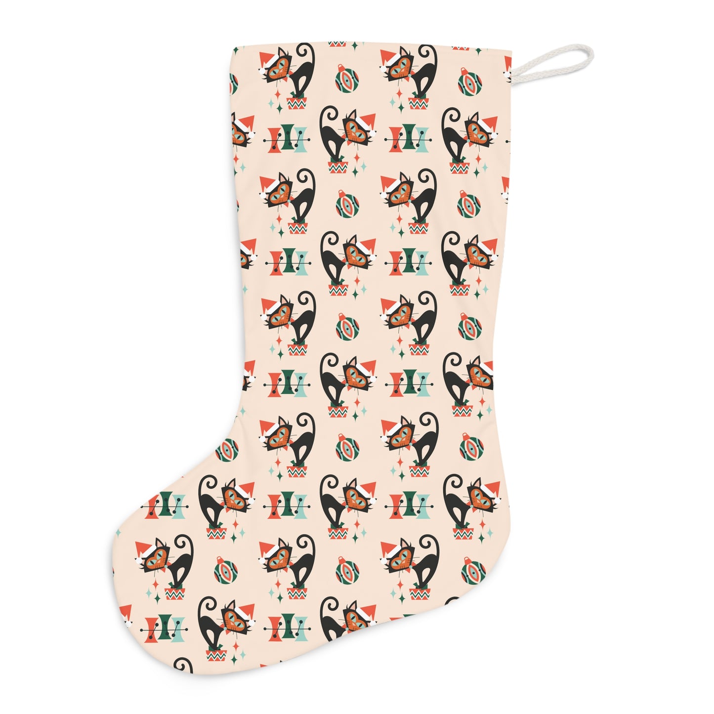 Retro 50s Christmas Atomic Cat Mid Century Modern Cream Holiday Stocking