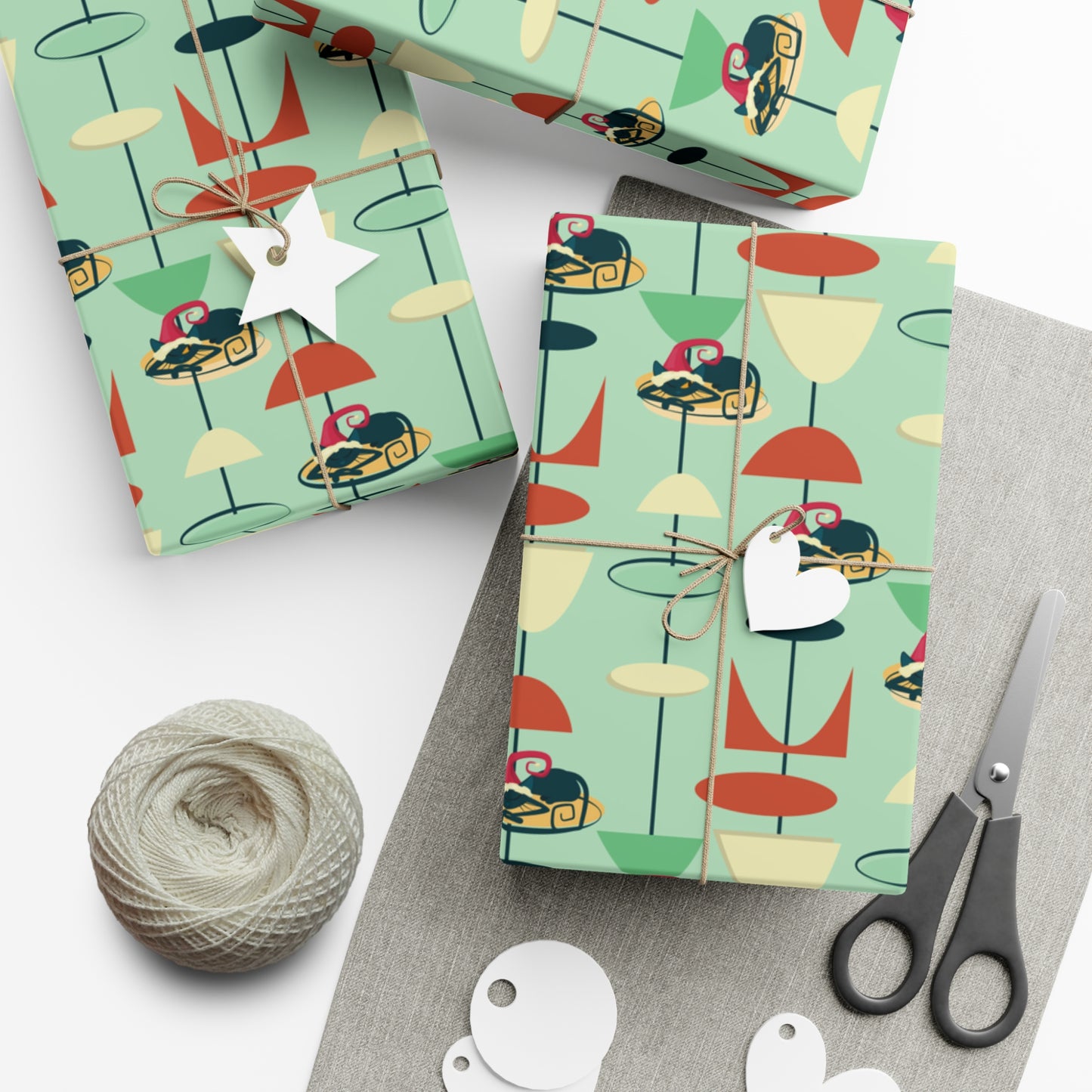 Retro 50's Atomic Cat Christmas Kitschy Mid Century Modern Green Eco-Friendly Wrapping Paper