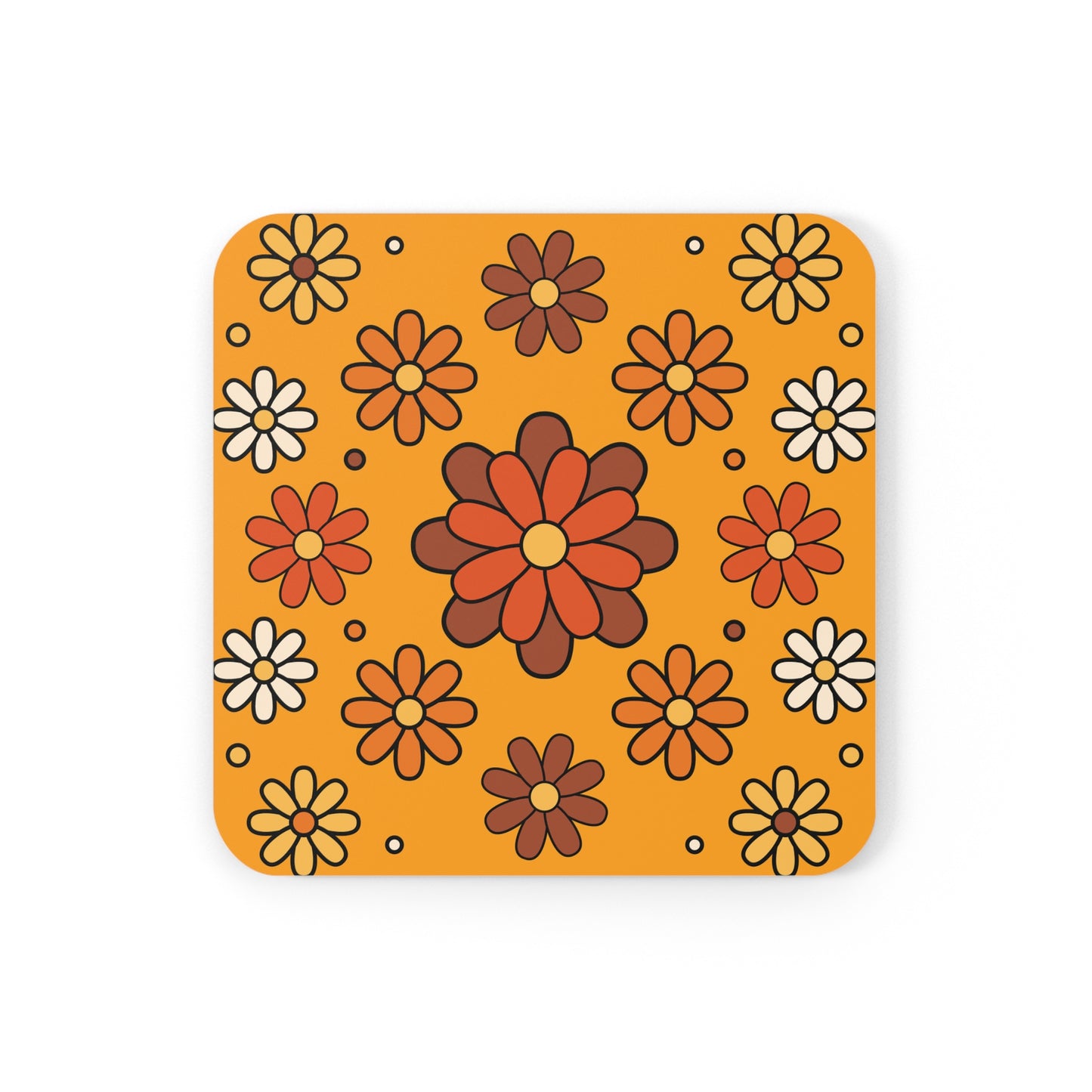 Retro 60s 70s Groovy Mod Daisy Mid Century Orange, Brown & Mustard Coaster Set