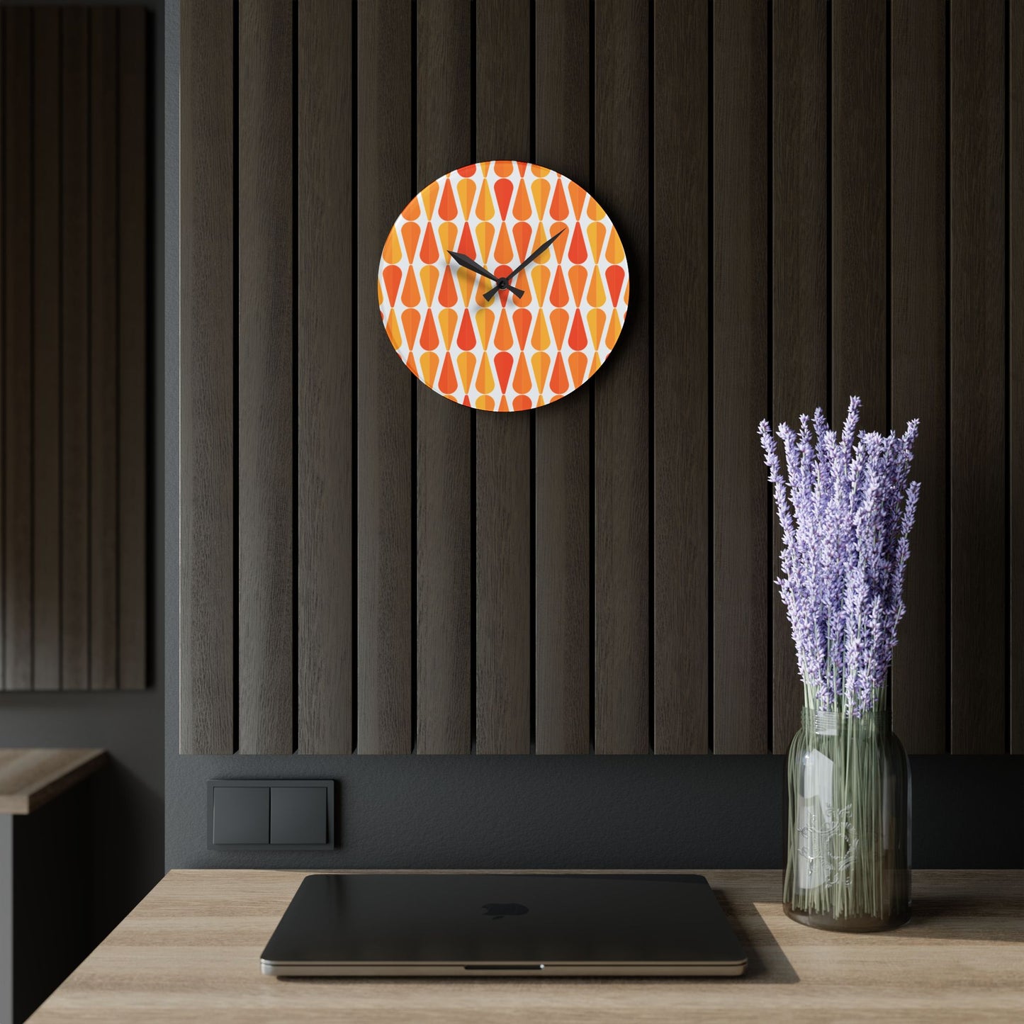 Retro 60s 70s Mid Century Modern Geometric Orange and Yellow Acrylic Wall Clock