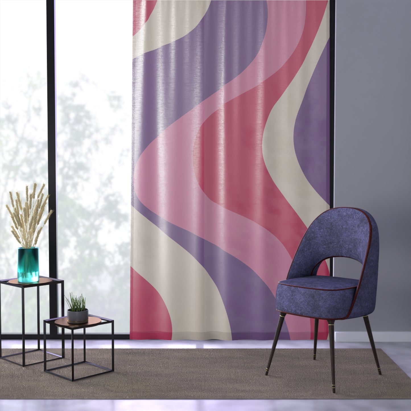 Retro 60s Groovy Hippie Swirl Mid Century Mod Pink & Purple Sheer Window Curtain