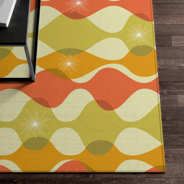 Retro 60s 70s Mod Abstract Green, Orange & Mustard Anti-Slip Rug