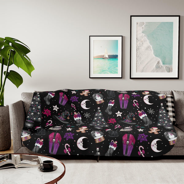 Goth Christmas Sherpa Blanket, Black Creepmas Decor, Kawaii Goth