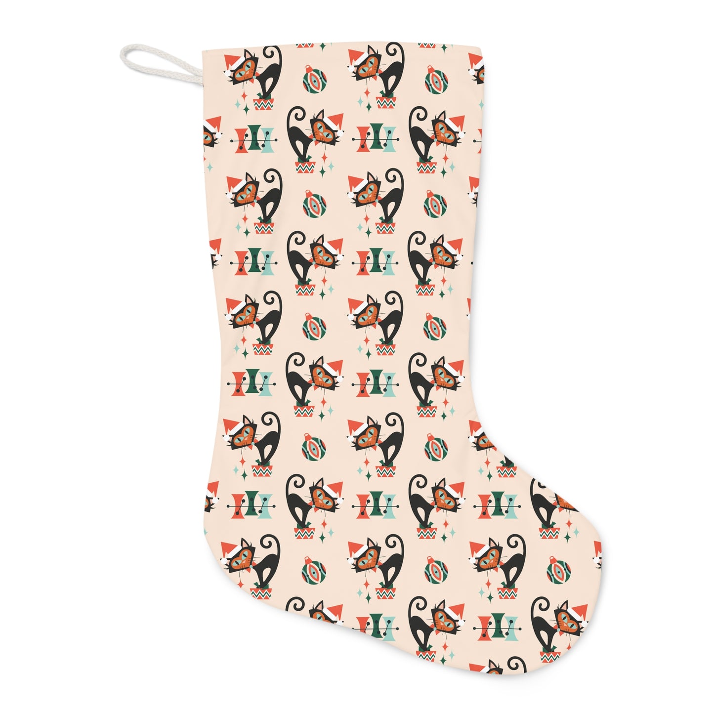 Retro 50s Christmas Atomic Cat Mid Century Modern Cream Holiday Stocking