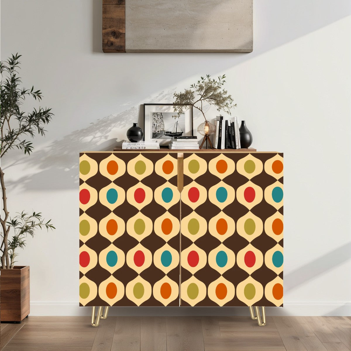 Retro 60s & 70s Geometric Mid Century Modern Mutlicolor Sideboard, Credenza, Wooden Storage Cabinet