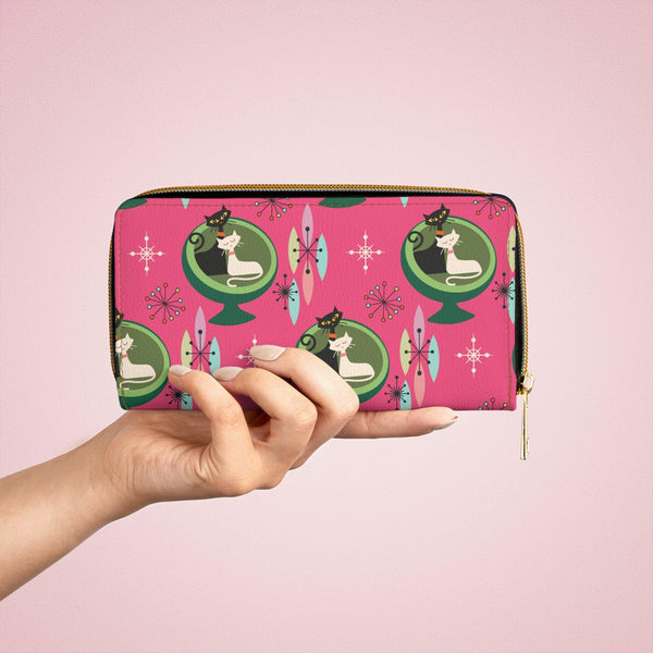 Retro 50s 60s Atomic Cats in Ball Chair Mid Century Mod Pink Zipper Wallet | lovevisionkarma.com