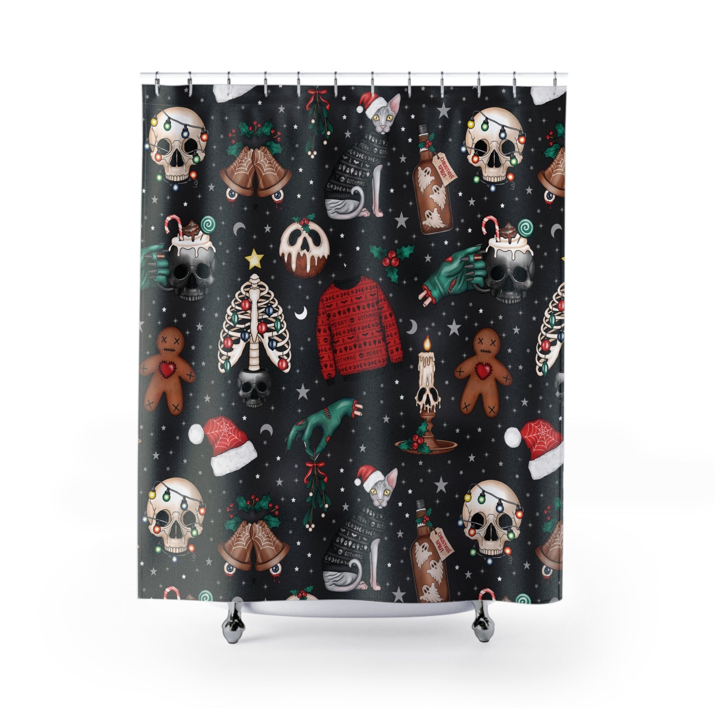 Kitschy Kawaii Goth Christmas, Creepy Cute Whimsigoth Black Creepmas Shower Curtain