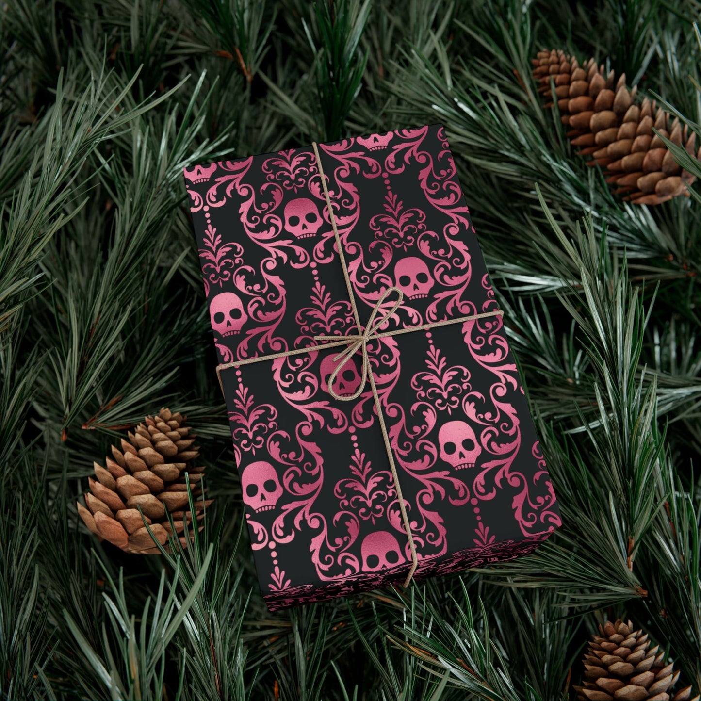 Pink Damask Skulls, Victorian Goth, Dark Academia, Goth Christmas & Creepmas Glam Black Eco-Friendly Gift Wrap Paper