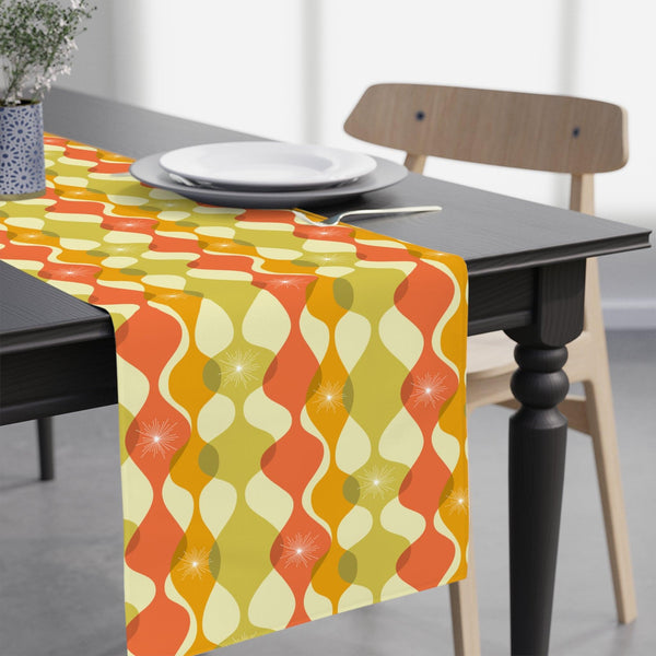 Mid Century Modern Wavy Abstract Orange, Green & Yellow Table Runner