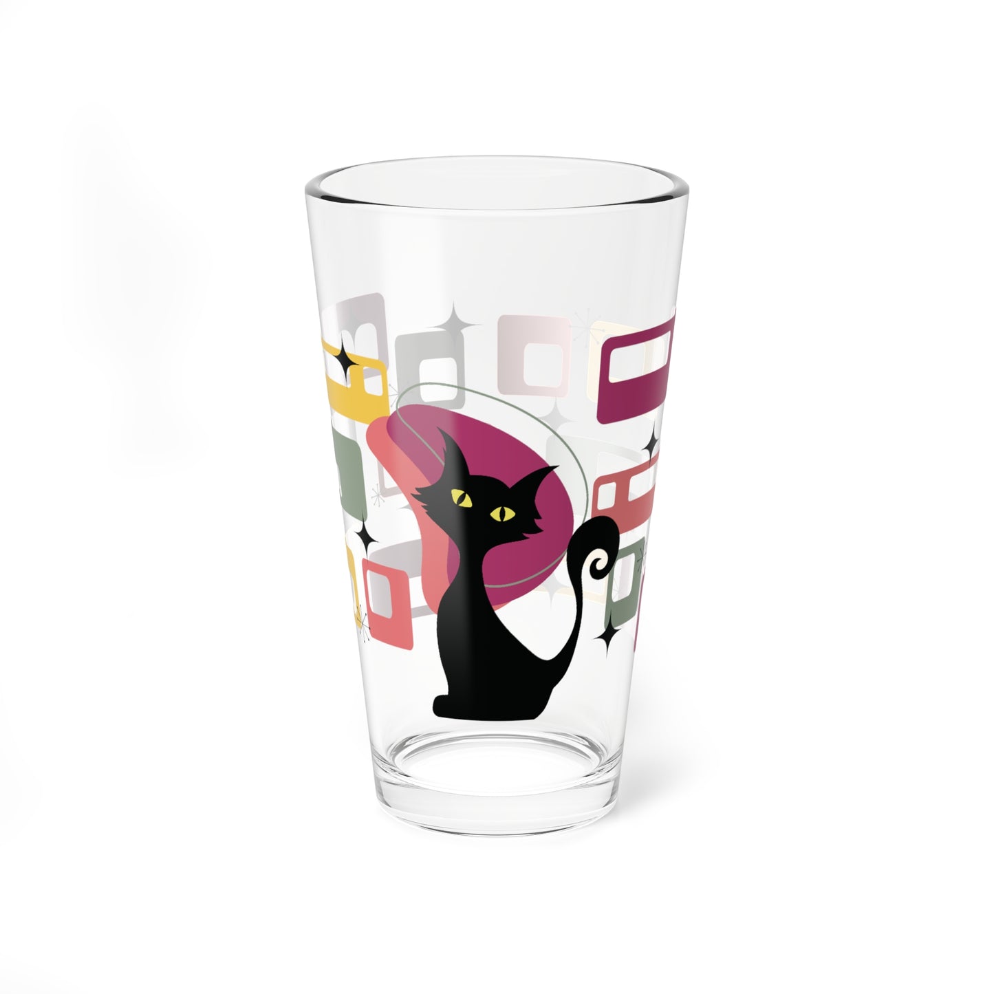 Retro 50s Atomic Black Cat Mid Century Modern Pink, Green & Yellow Pint Glass
