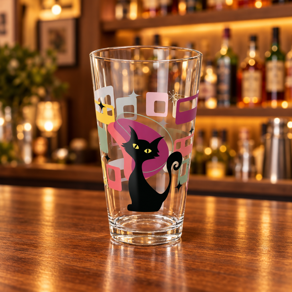 Retro 50s Atomic Black Cat Mid Century Modern Pink, Green & Yellow Pint Glass
