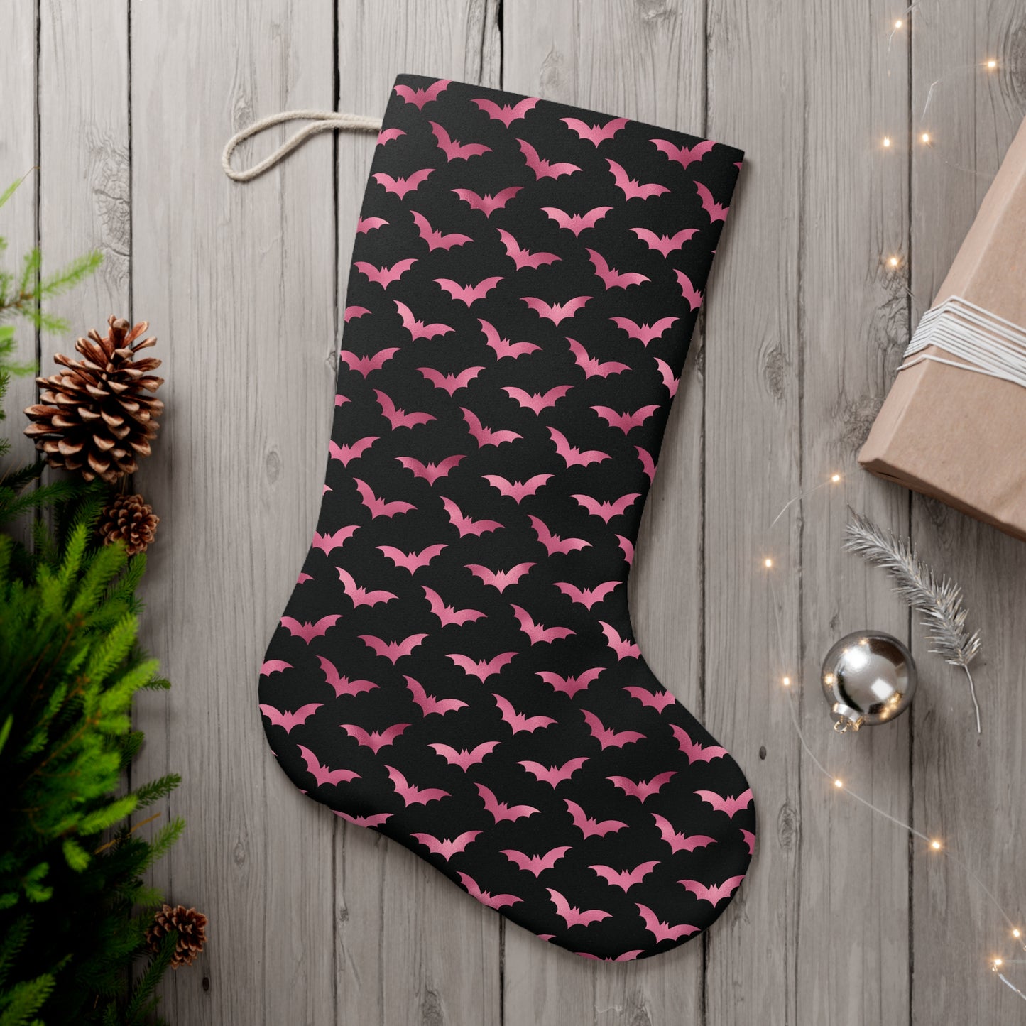 Pink Bats Glam Goth Christmas, Creepmas, Black Gothmas Holiday Stocking