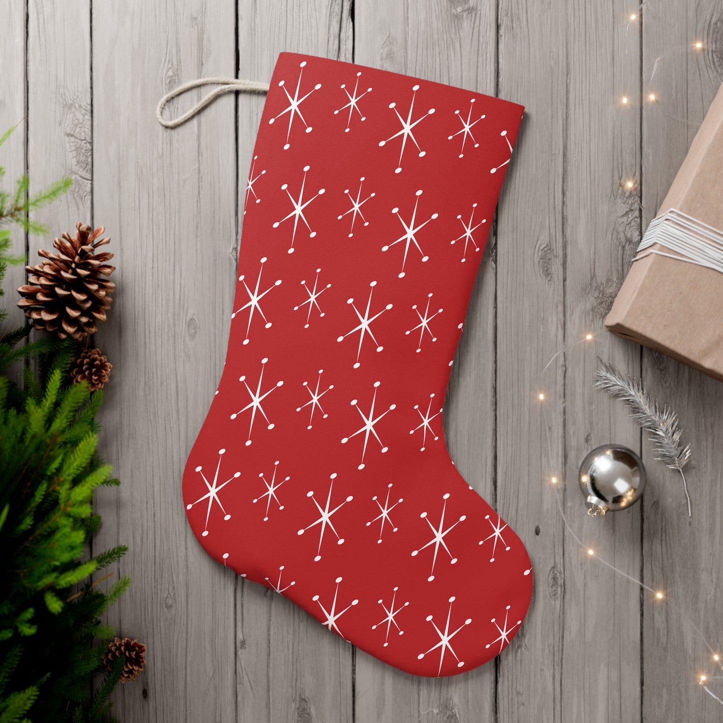 Retro 50s 60s Atomic Starburst Mid Century Mod Red Christmas Stocking