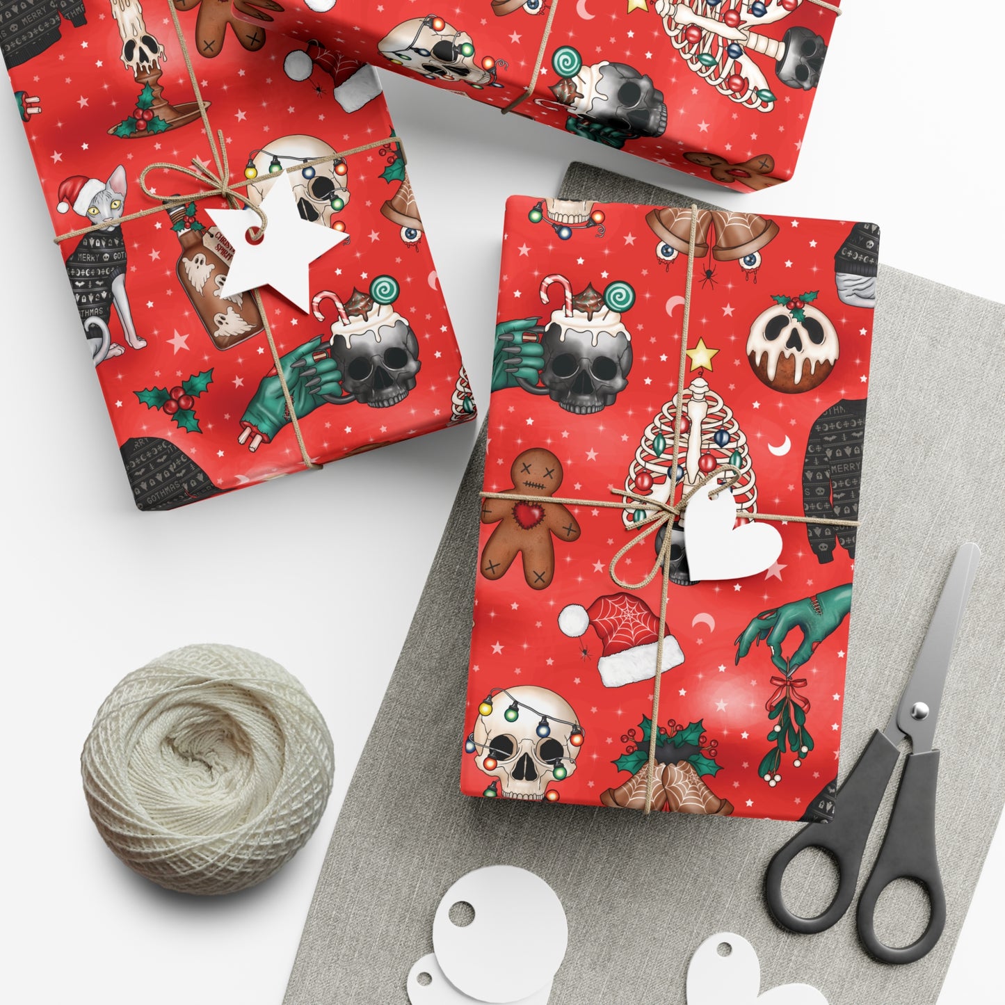 Goth Christmas Kitsch Skulls, Cats & Zombie Hands Red Eco-Friendly Gift Wrap Paper