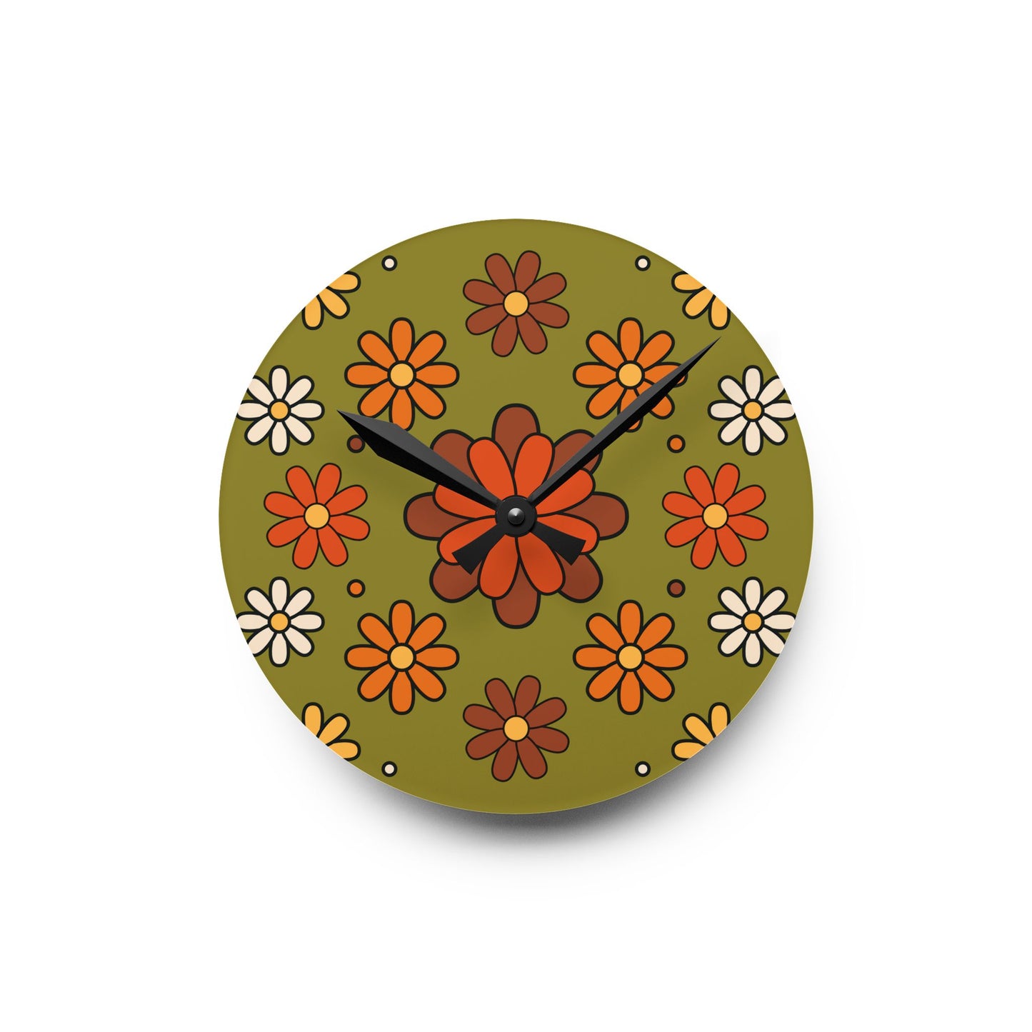 Retro 60s 70s Groovy Mod Daisy Floral Mid Century Green & Orange Acrylic Wall Clock