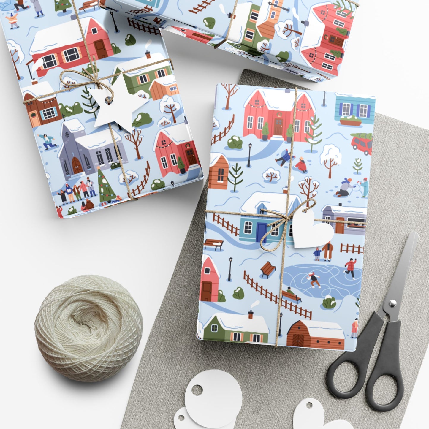 Small Town Christmas Village, Retro Vintage Winter Scene, Multicolor Eco-Friendly Gift Wrap