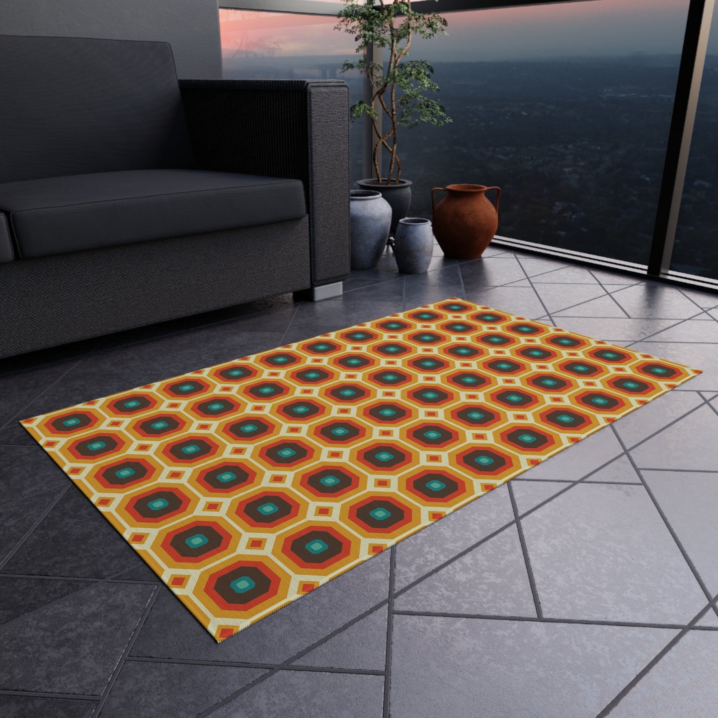 Retro 60s 70s Funky Mod Square Mid Century Geo Brown & Orange Anti-Slip Indoor/Outdoor Accent Rug