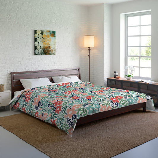 Retro Minimalist Scandi Flowers Cottagecore MCM Vintage Inspired Coral & Teal Comforter