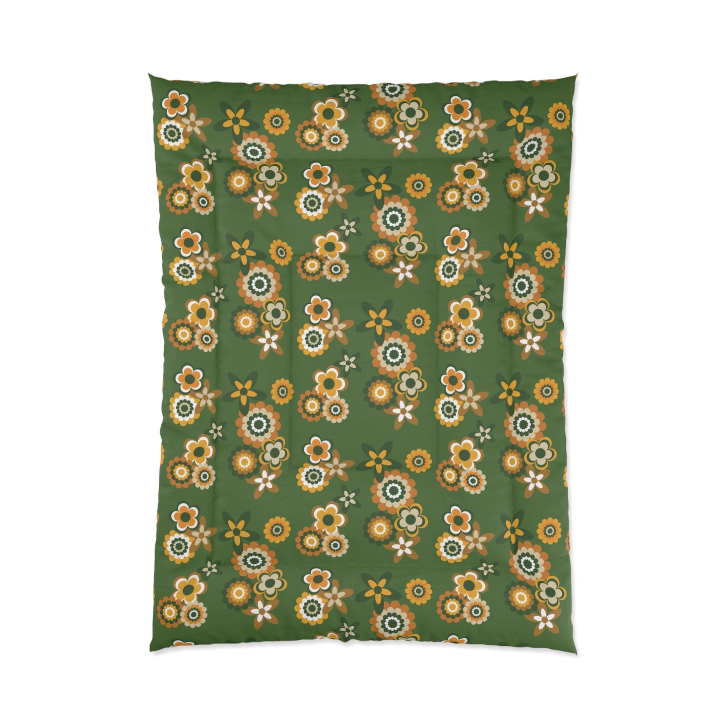 Retro 60s 70s Groovy Flowers Mid Century Mod Mustard & Green Comforter