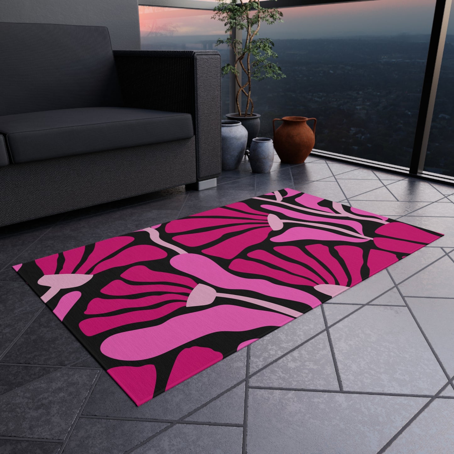 Groovy Abstract Pink Minimalist Retro Mod Flowers Indoor/Outdoor Accent Rug