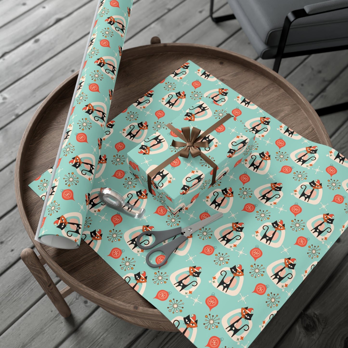 Retro 50's Atomic Cat & Starbursts Kitschy Christmas Mid Century Modern Blue Eco-Friendly Wrapping Paper