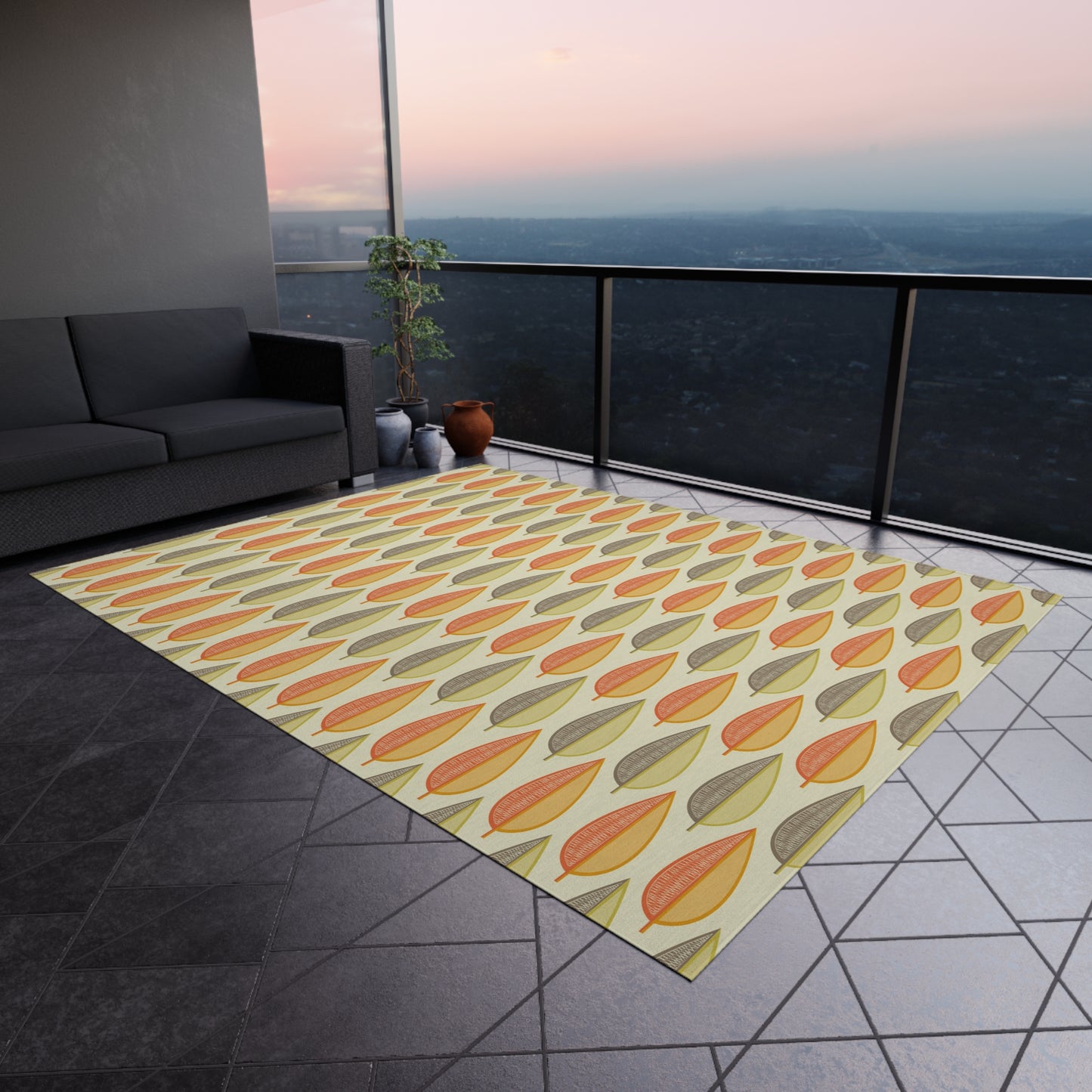 Retro 60s Mid Century Modern Leaves Orange, Green & Cream Indoor/Outdoor Accent Rug