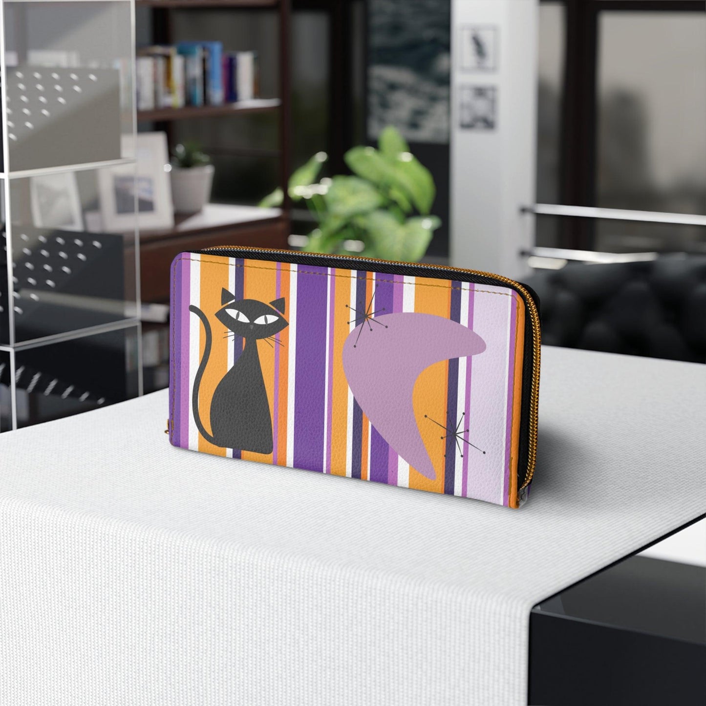 Retro 50s Atomic Cat, Boomerang & Starbursts MCM Purple, Orange, Black Zipper Wallet | lovevisionkarma.com