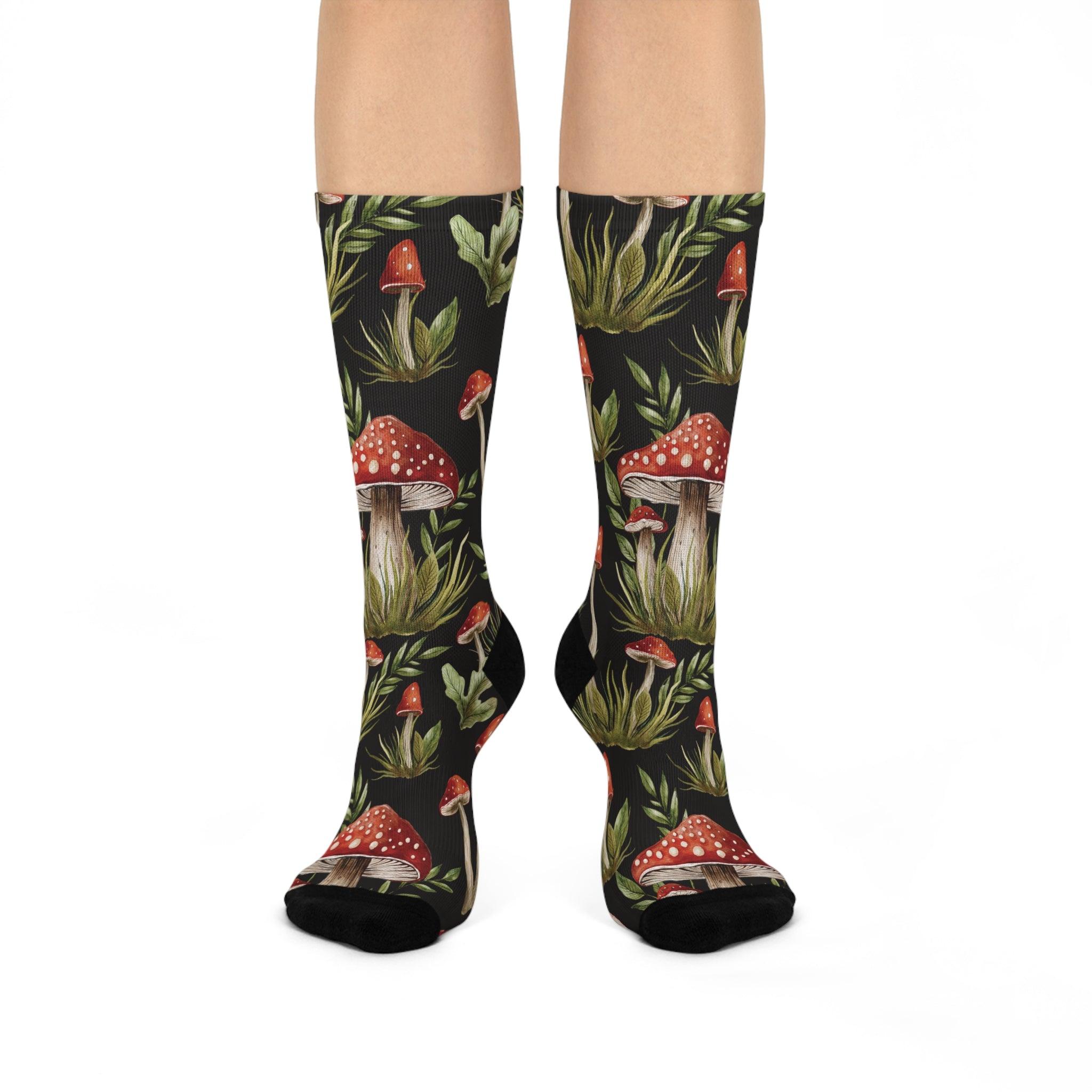 Amanita Muscaria Mushroom, Dark Cottagecore Watercolor Black, Red & Green Cushioned Crew Socks | lovevisionkarma.com