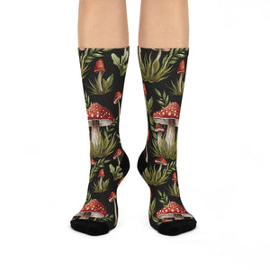 Amanita Muscaria Mushroom, Dark Cottagecore Watercolor Black, Red & Green Cushioned Crew Socks | lovevisionkarma.com