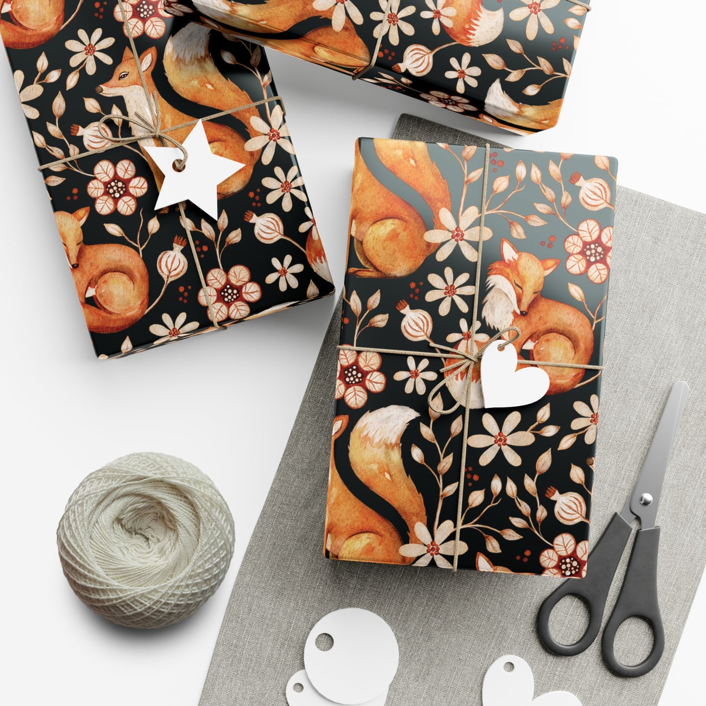 Enchanted Woodland Fox, Floral Dark Cottagecore Watercolor Style, Black Eco-Friendly Gift Wrap