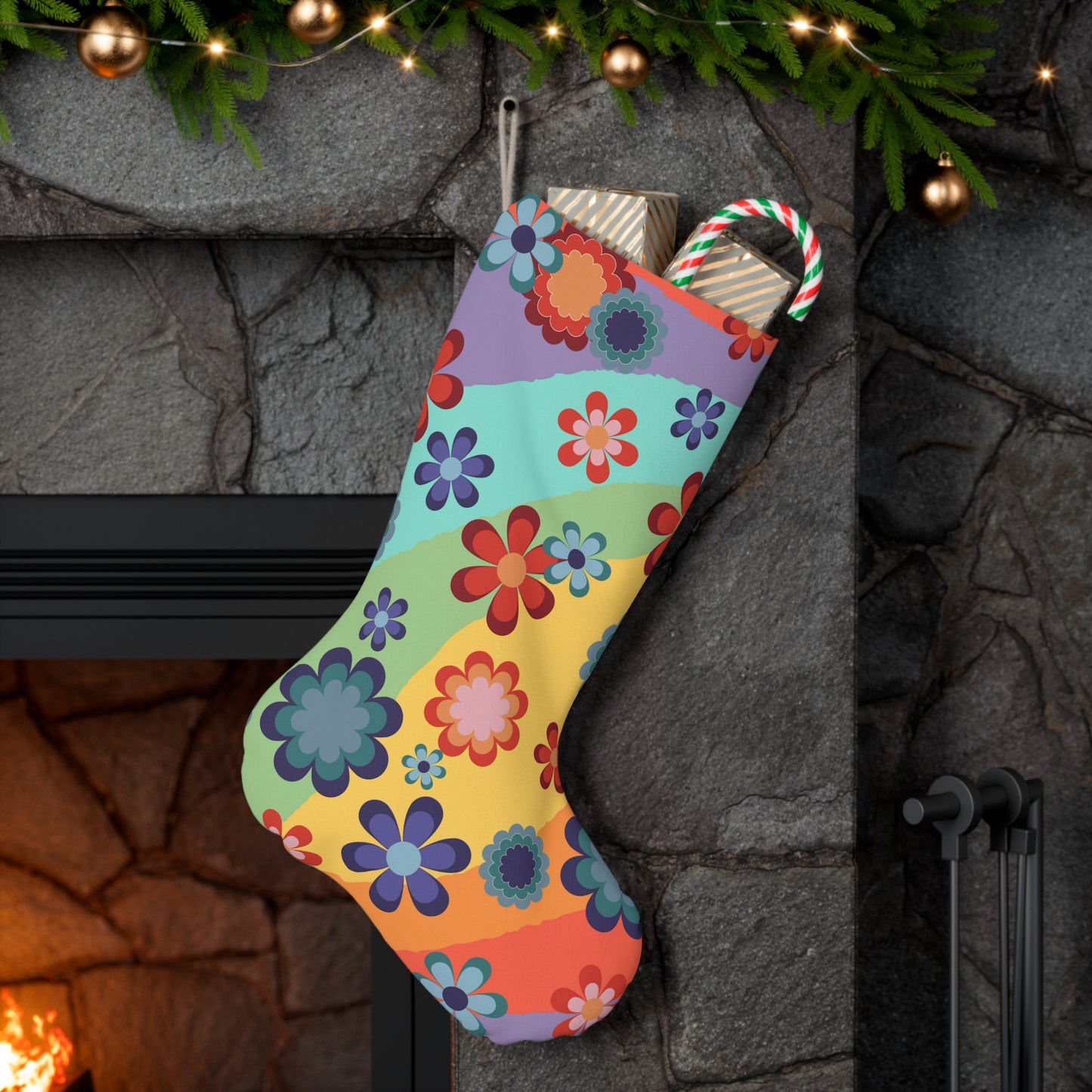 Groovy Floral Retro MCM Rainbow Hippie Christmas Stocking