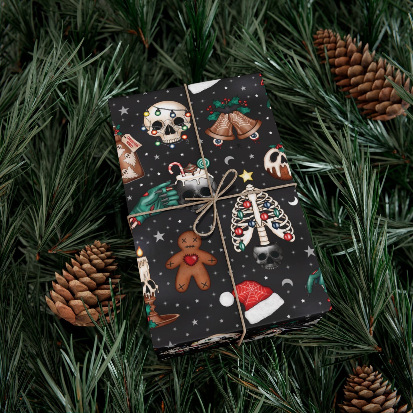 Kitschy Kawaii Goth Christmas, Creepy Cute Whimsigoth Creepmas Black Eco-Friendly Gift Wrap Paper