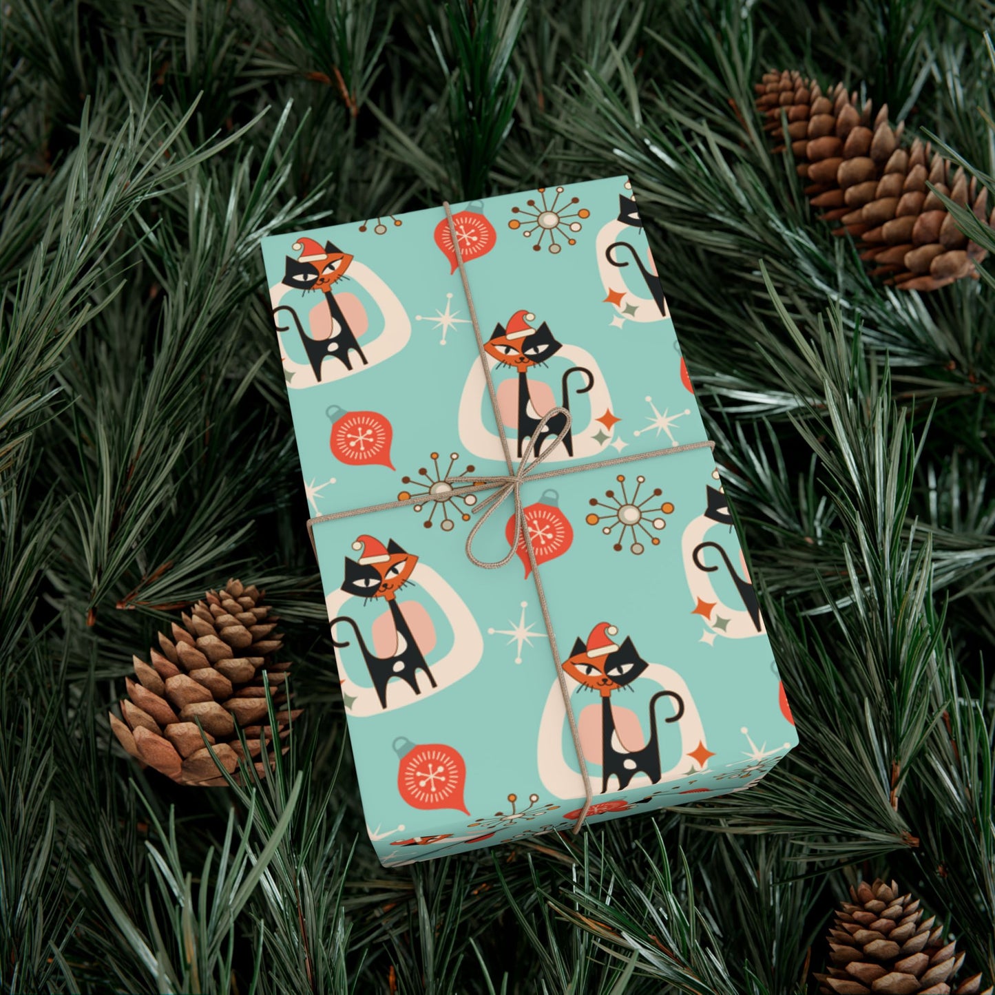 Retro 50's Atomic Cat & Starbursts Kitschy Christmas Mid Century Modern Blue Eco-Friendly Wrapping Paper
