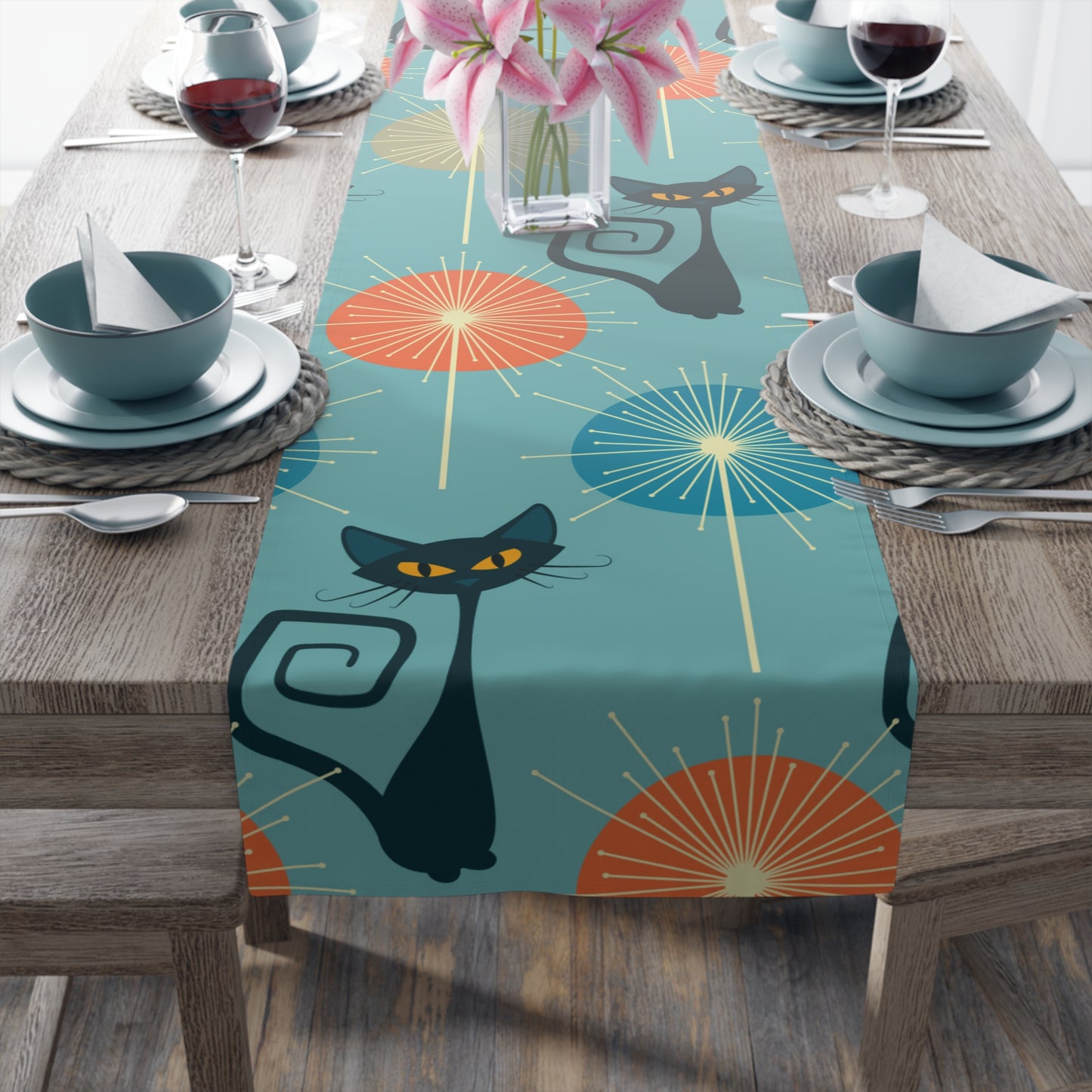 Retro Atomic Cat Mid Century Mod Multicolor Table Runner