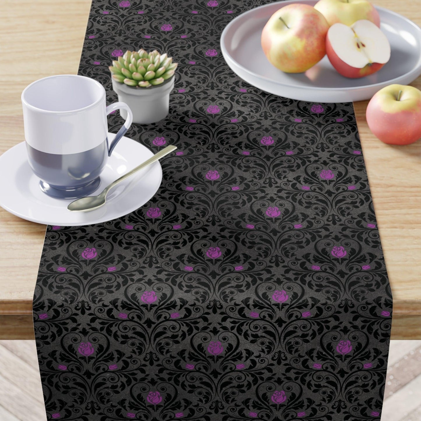 Victorian Goth Damask Purple & Black, Halloween Dark Academia Table Runner | lovevisionkarma.com