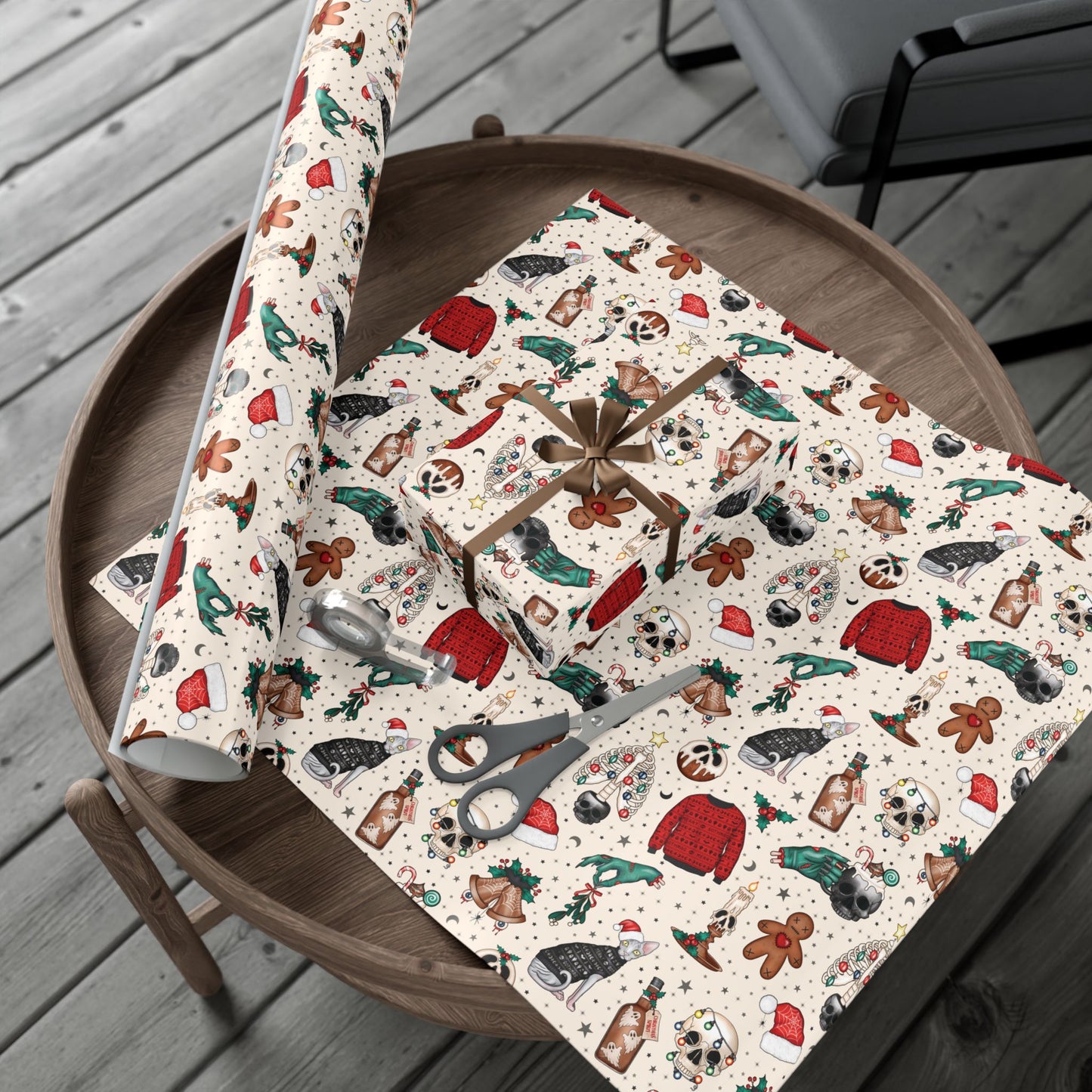 Goth Christmas Kitsch Skulls, Cats & Zombie Hands Multicolor Eco-Friendly Gift Wrap Paper