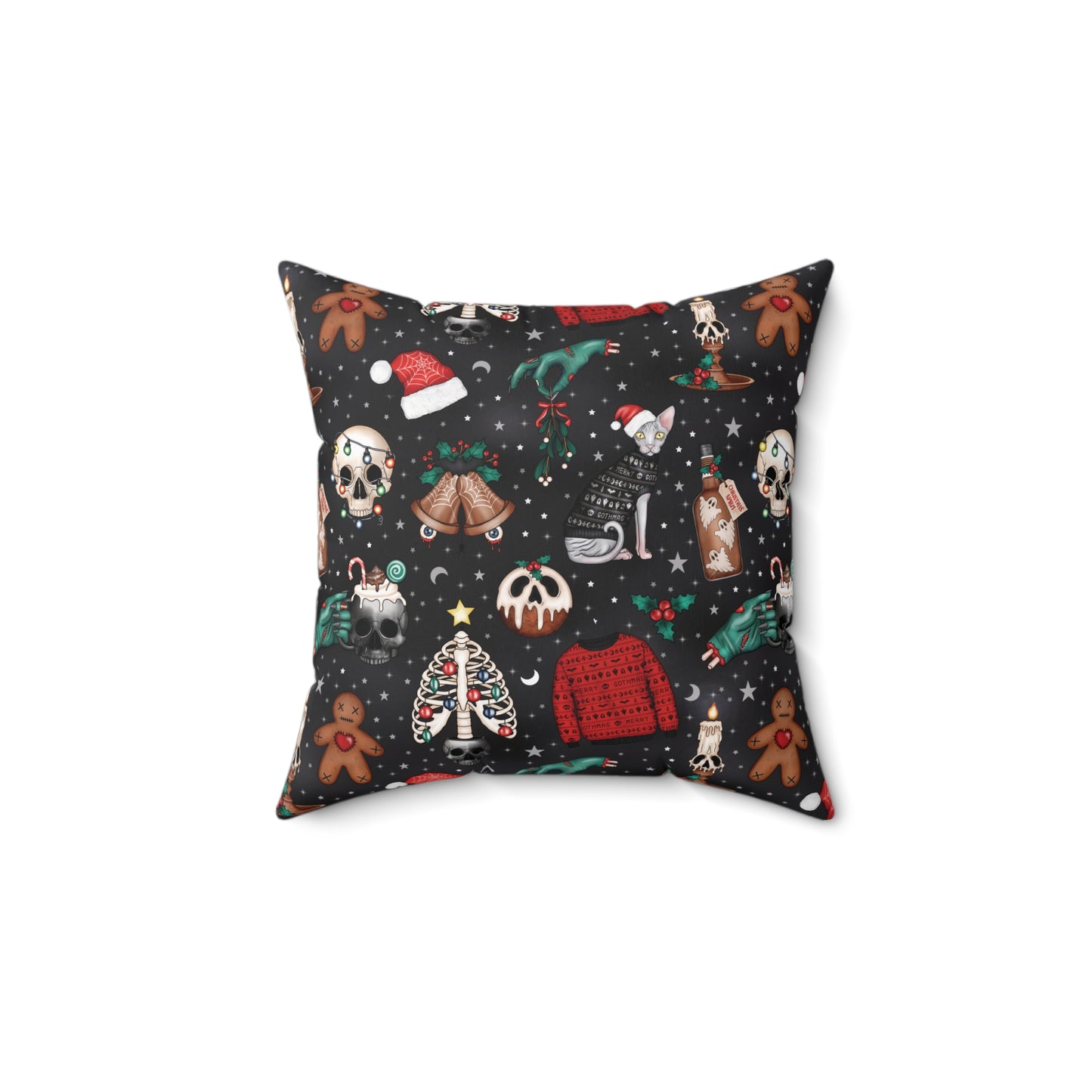 Kitschy Kawaii Goth Christmas, Creepy Cute Whimsigoth Black Creepmas Accent Pillow